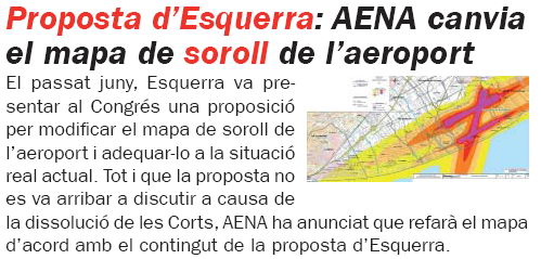 Noticia publicada en el número 56 de L'Eramprunyà (Abril de 2008) sobre la decisión de AENA de rehacer los mapas del ruido del aeropuerto del Prat